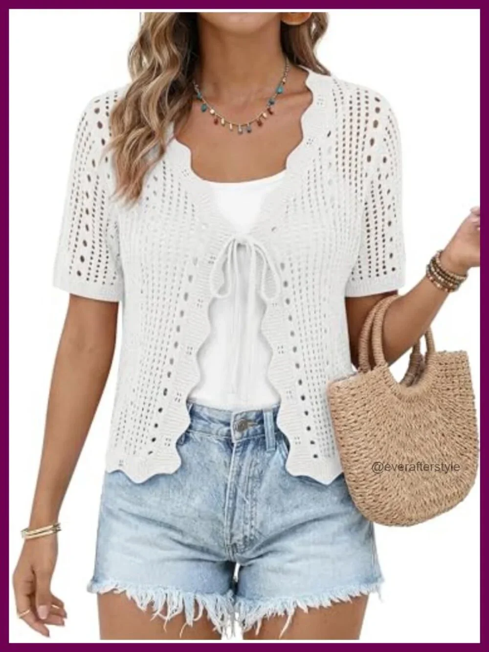 Women's Crochet Cardigan Short Sleeve Cropped Tie Front Knit Shrug